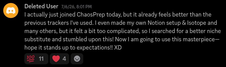 Discord testimonial from ChaosPrep User